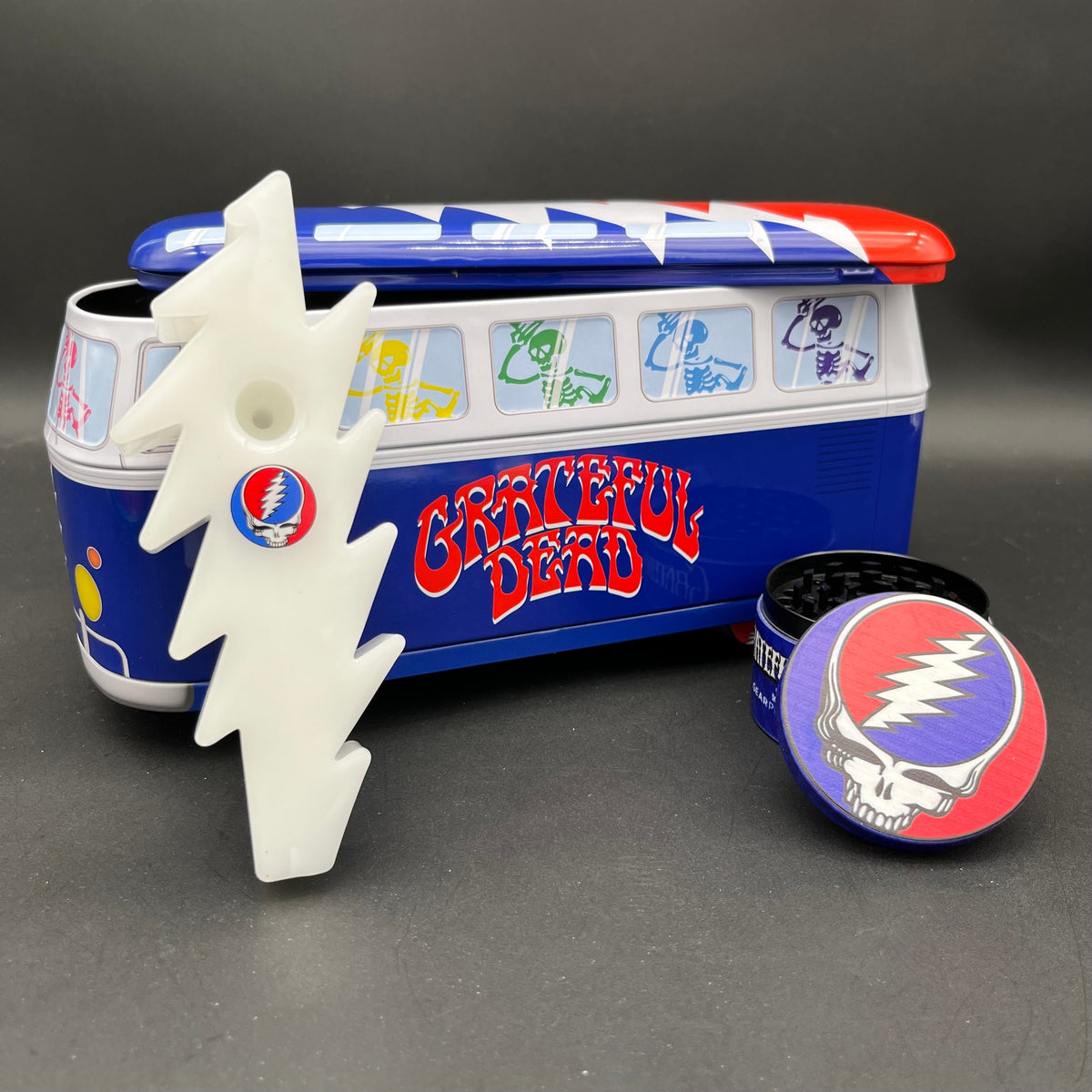 Grateful Dead - Hand Pipe Grinder Collectible Bus Tin Set - Lightning Bolt-Meech Madness Smoke Shop