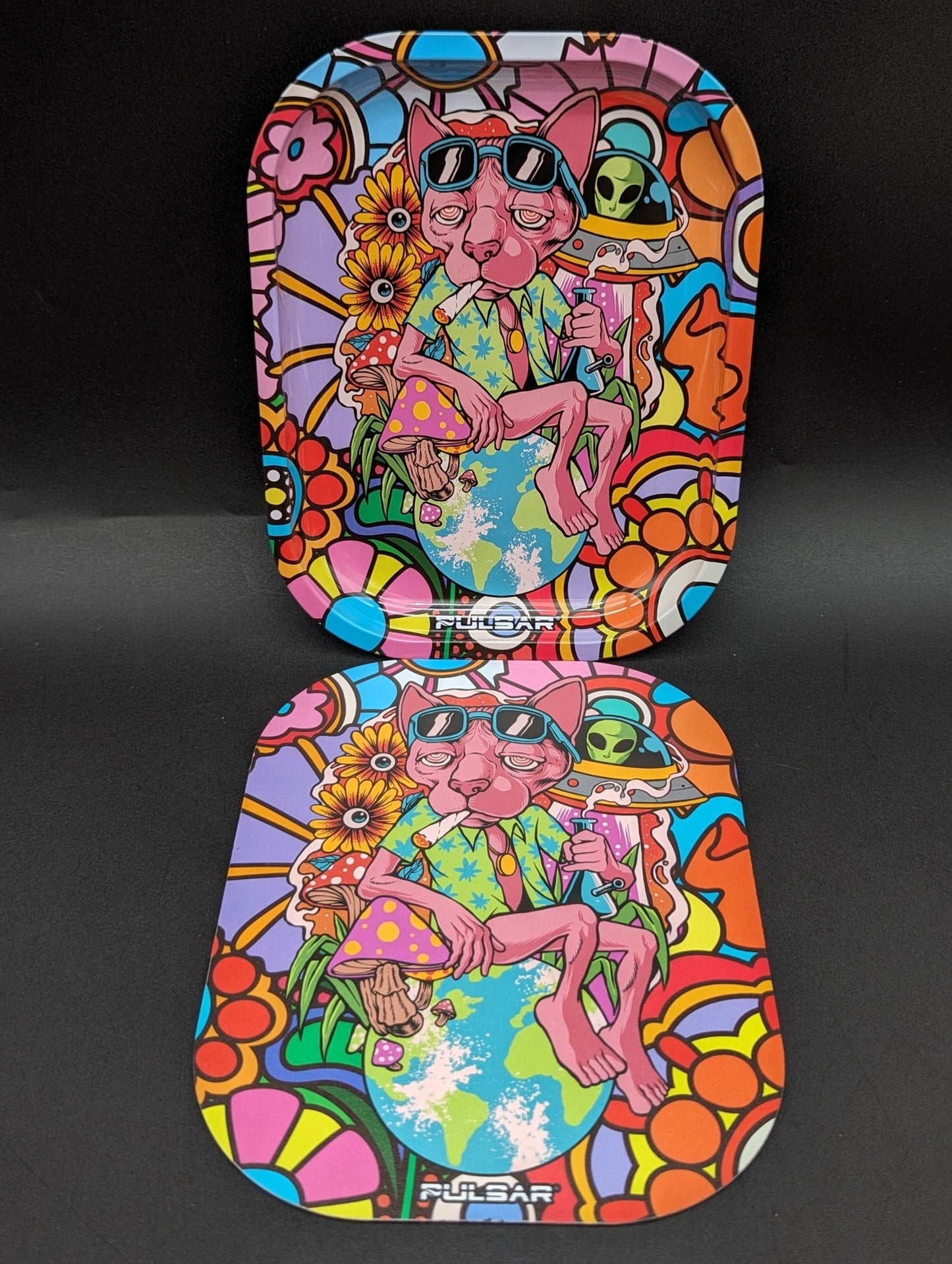 Pulsar Mini Metal Rolling Tray w/ Lid | Chill Cat | 7" x 5.5" - Meech Madness Smoke Shop