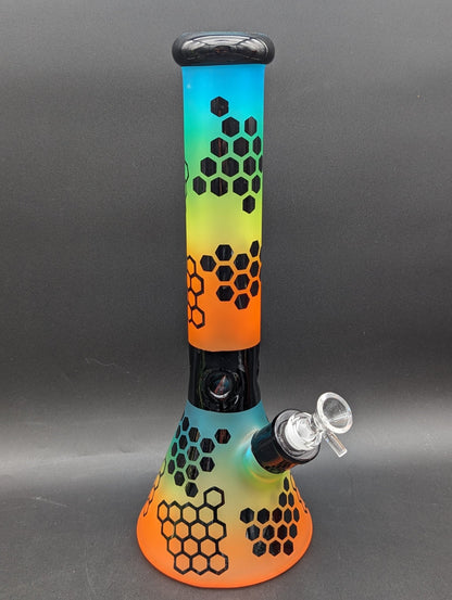 14" Rainbow Sandblasted Beaker w/ Honeycomb Pattern - Meech Madness Smoke Shop