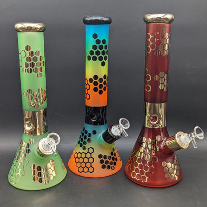 14" Rainbow Sandblasted Beaker w/ Honeycomb Pattern - Meech Madness Smoke Shop