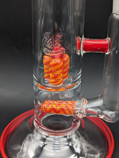 2K Glass Dual Gridline to Inv3 Tube 15.5" - Worked Red/Yellow - Meech Madness Smoke Shop