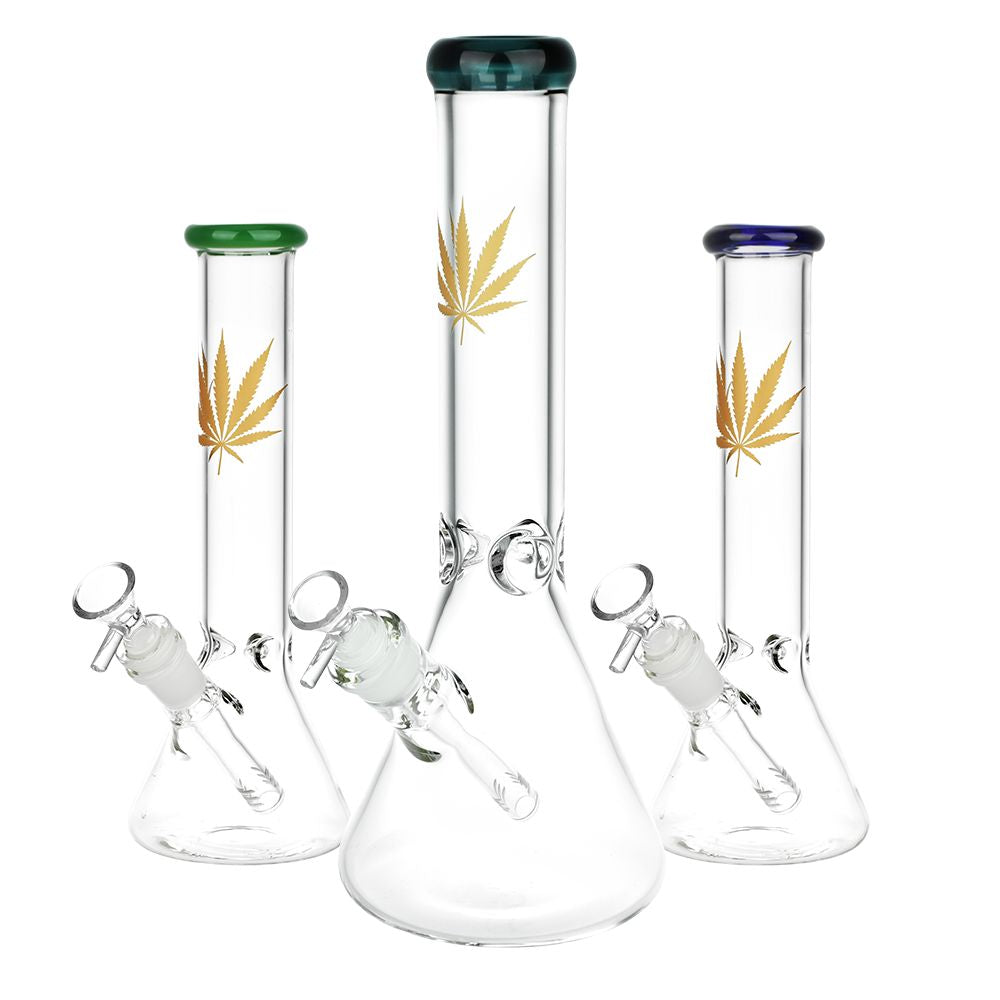 Gold Hemp Leaf Glass Beaker Water Pipe | 14mm F | Colors Vary