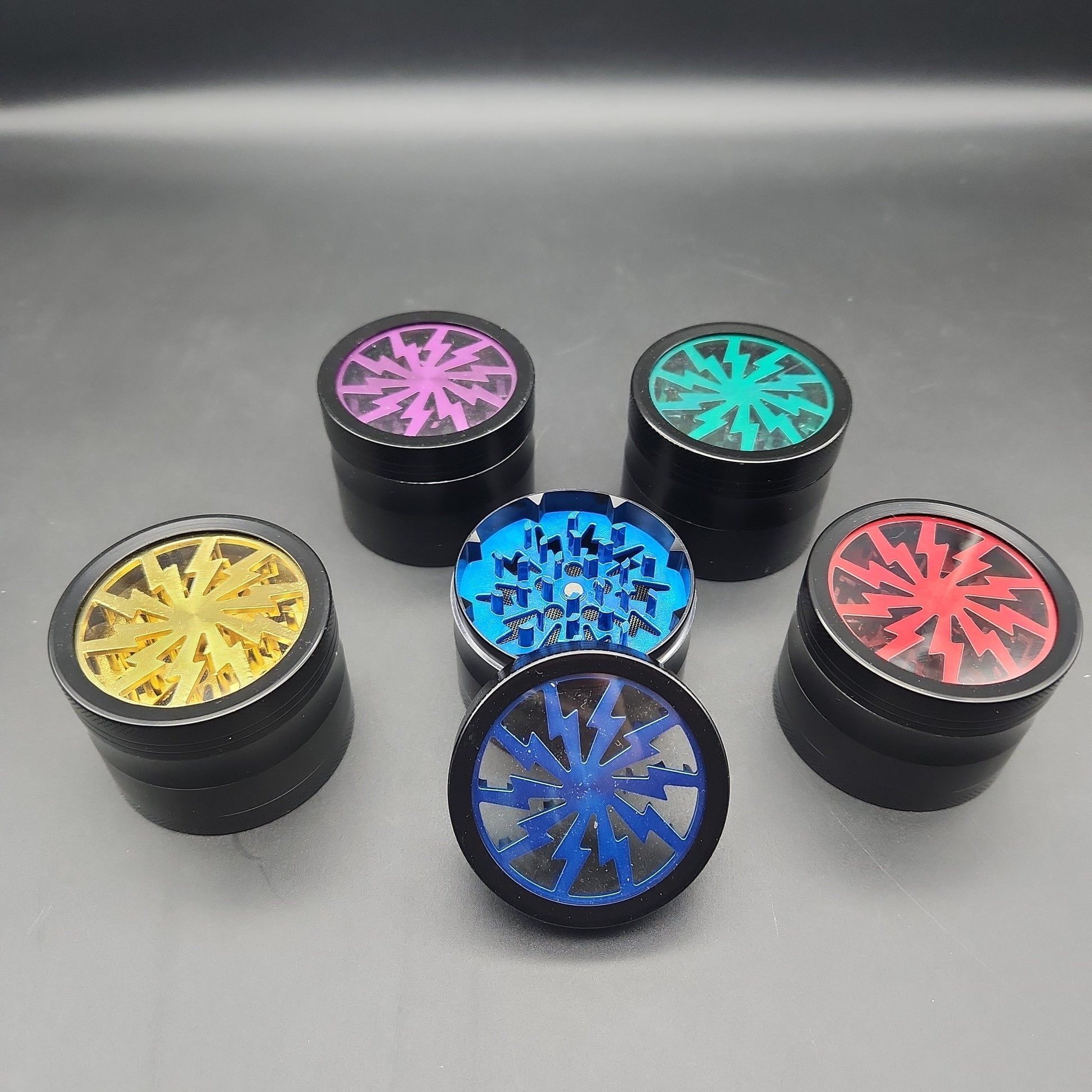 4 Part Lightning Herb Grinder Aluminum w/ Acrylic Window - 60mm - Avernic Smoke Shop