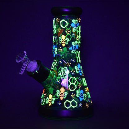 Phantasmagoric Glow In Dark Beaker Glass Water Pipe - 8" / 14mm F / Designs Vary