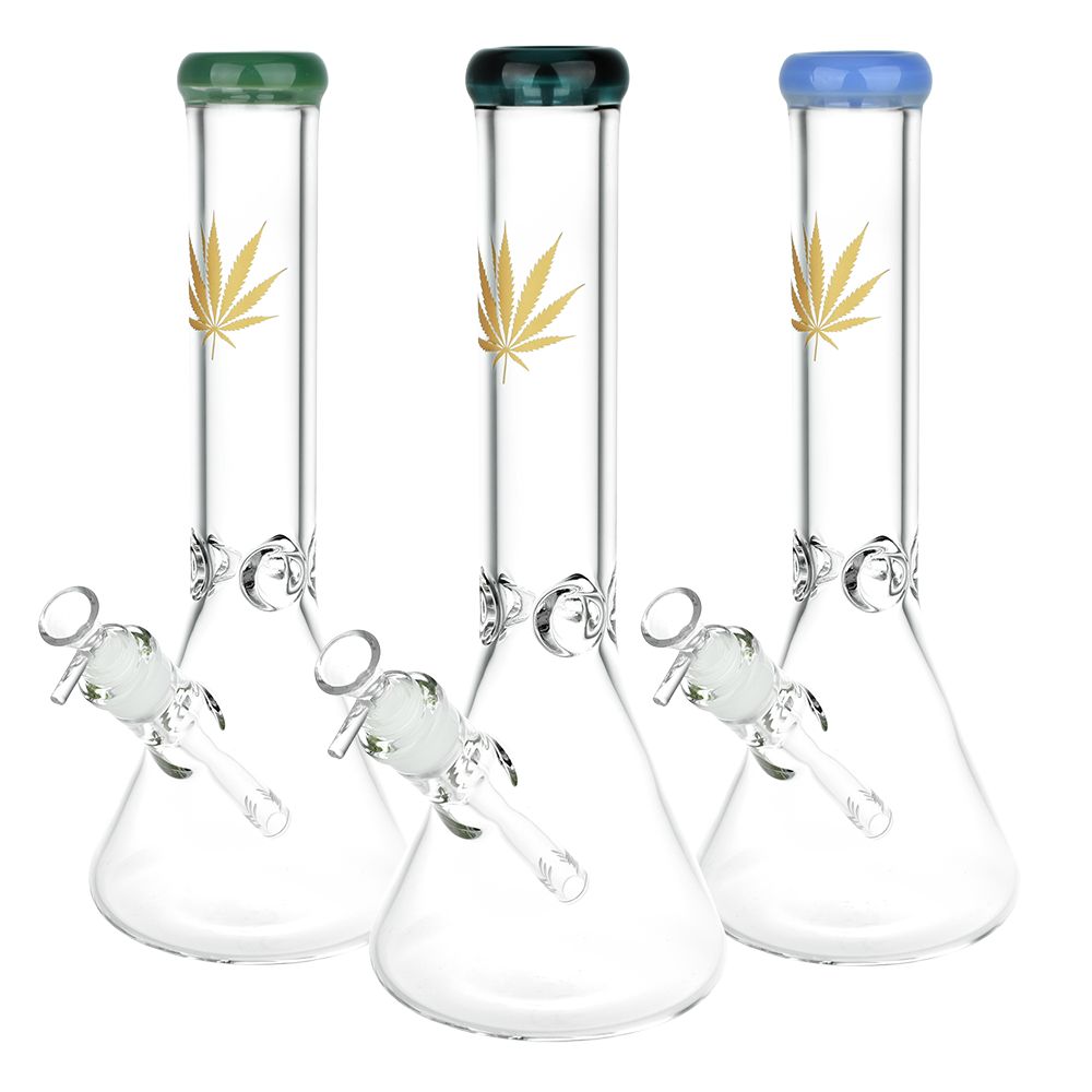 Gold Hemp Leaf Glass Beaker Water Pipe | 14mm F | Colors Vary