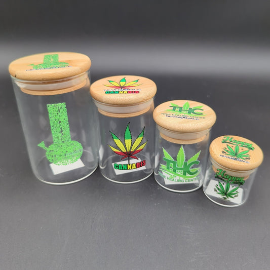 Glass Flower Storage Jars w/ Wooden Lid - Meech Madness Smoke Shop