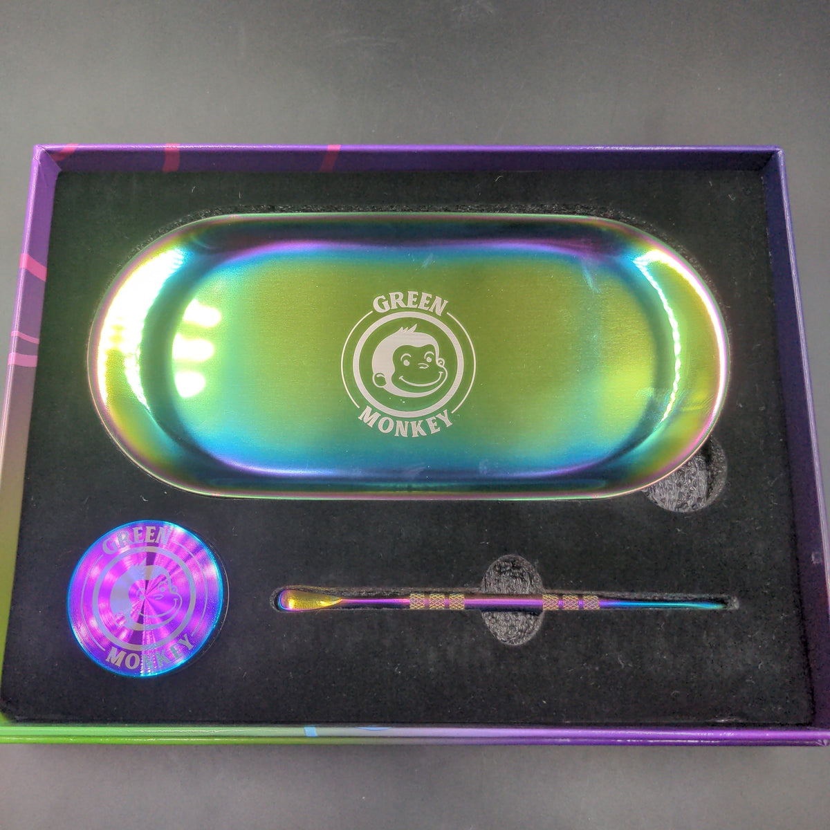 Green Monkey Rainbow Finish Rolling Tray & Grinder Kit-Meech Madness Smoke Shop