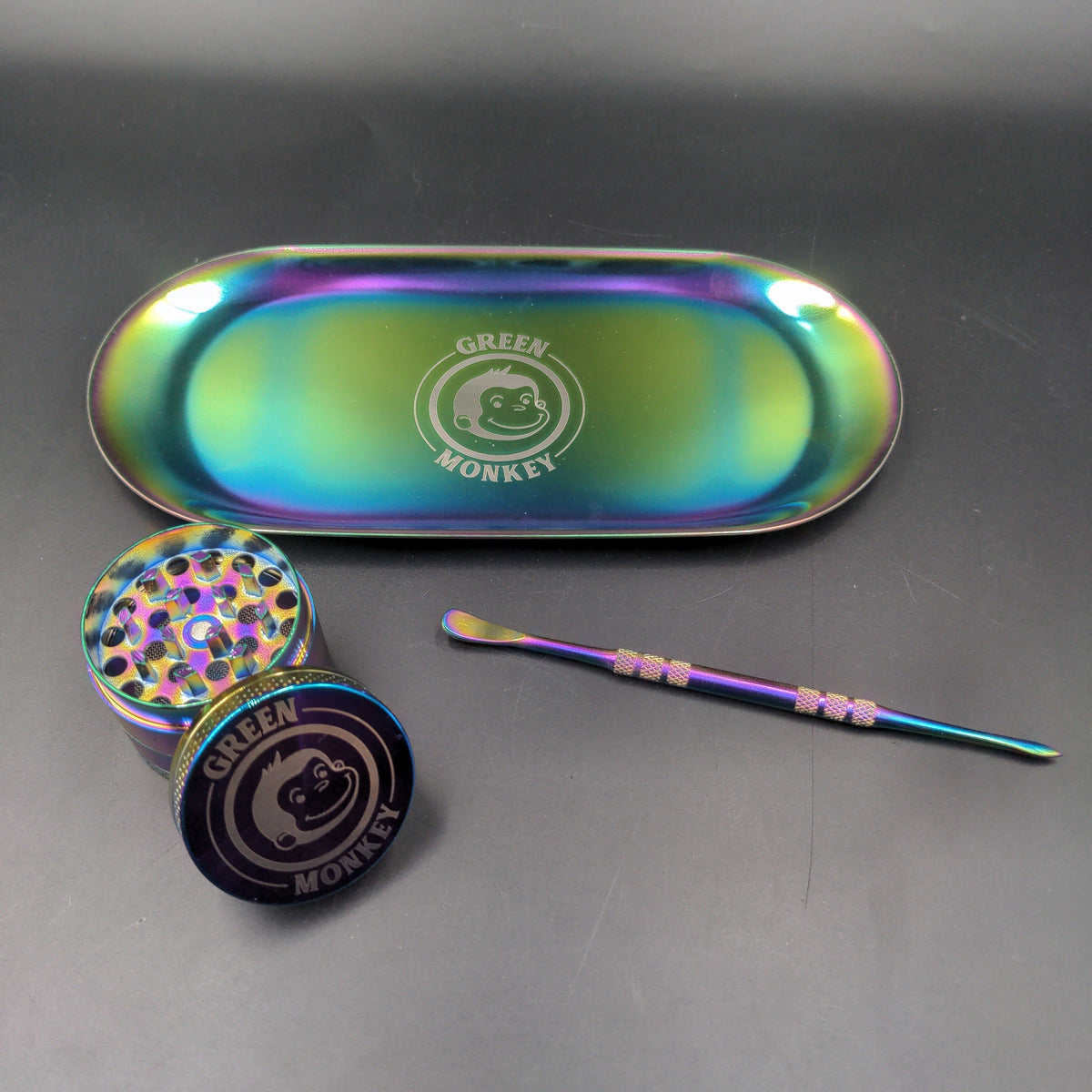 Green Monkey Rainbow Finish Rolling Tray & Grinder Kit-Meech Madness Smoke Shop