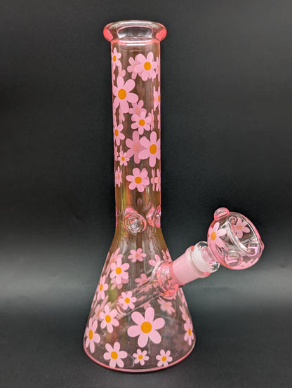 Pink Floral Beaker Bong 10"-Avernic Smoke Shop