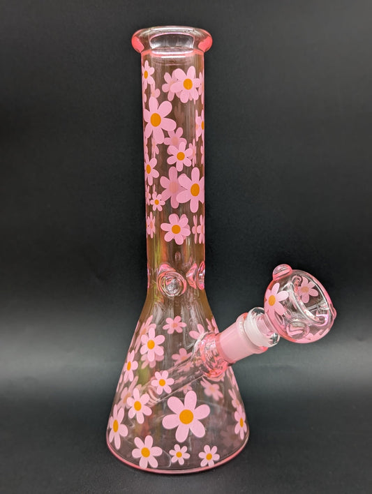Pink Floral Beaker Bong 10" - Meech Madness Smoke Shop