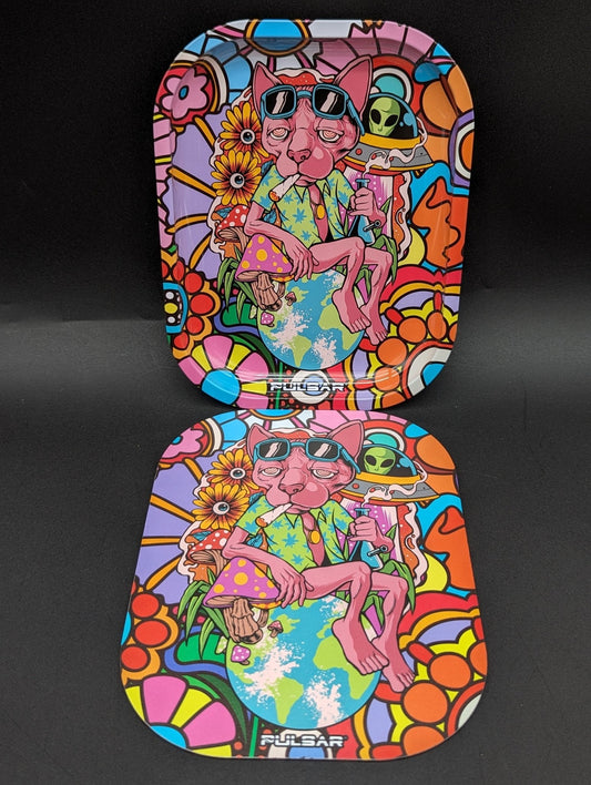 Pulsar Mini Metal Rolling Tray w/ Lid | Chill Cat | 7" x 5.5" - Meech Madness Smoke Shop