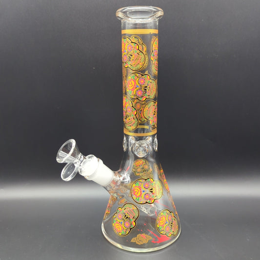 Sugar Skull Beaker Water Pipe | 9.75" - Meech Madness Smoke Shop