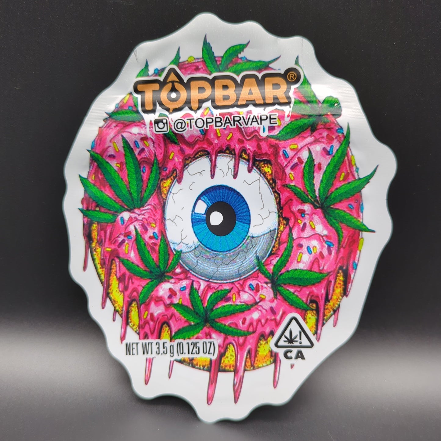 Top Bar 3.5g Weed Donut with Eye Mylar Bags Die Cut - Avernic Smoke Shop